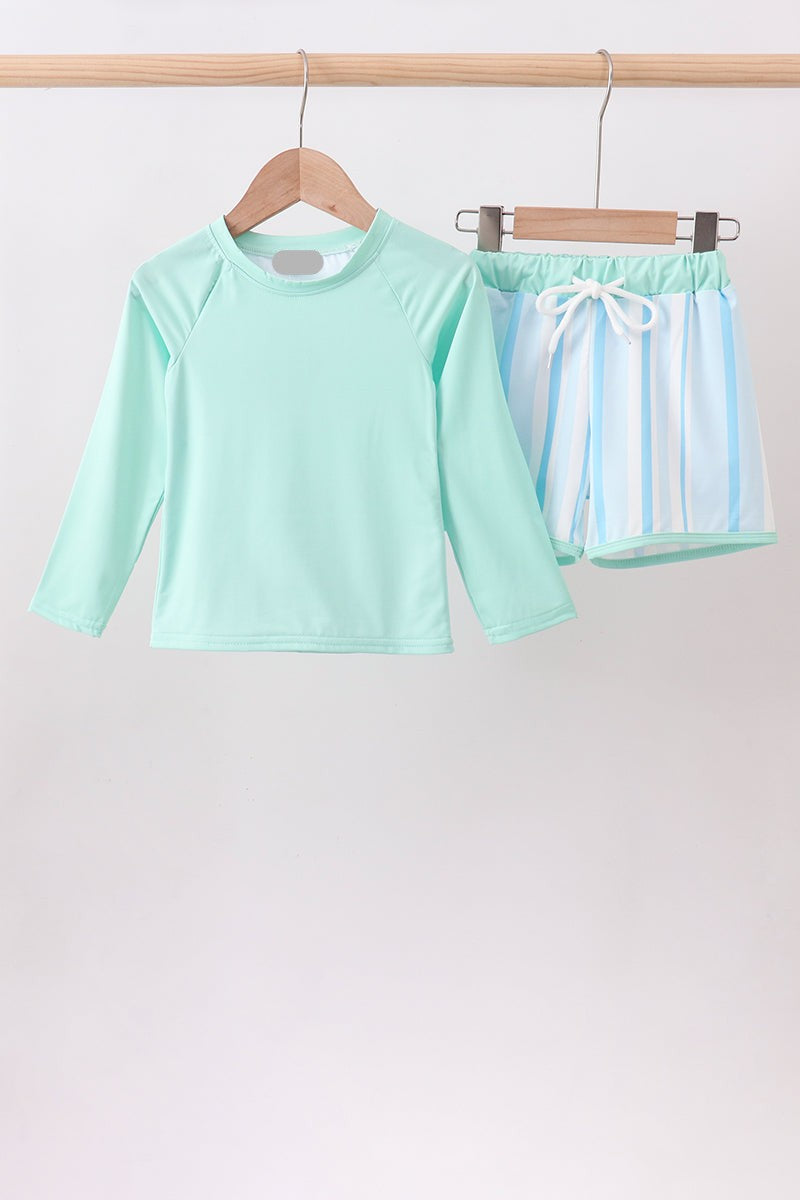 Blue Stripe Rashguard & Swim Trunk Set