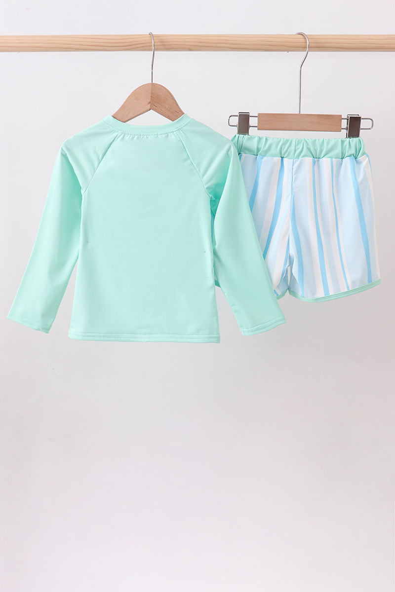 Blue Stripe Rashguard & Swim Trunk Set